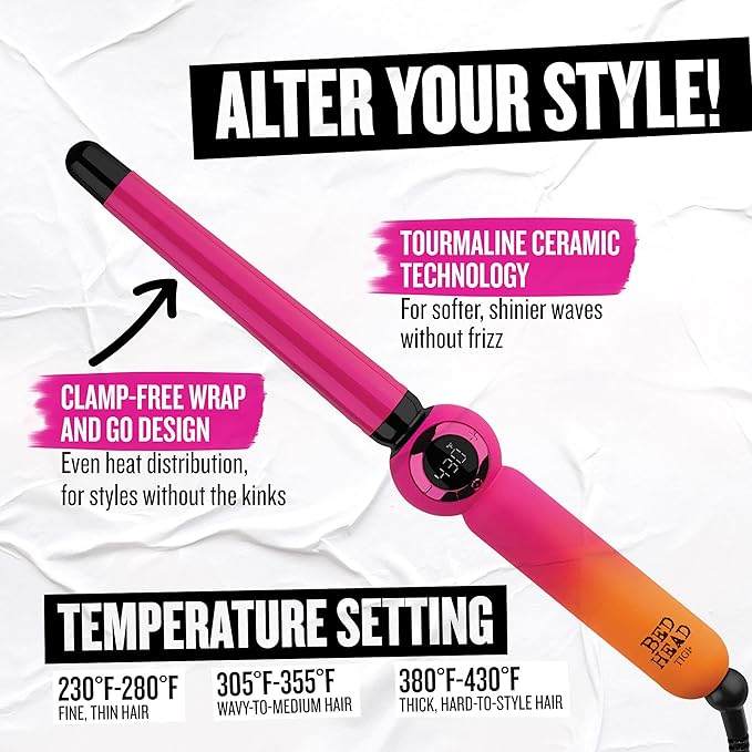 Bed Head Rock N' Waver Digital Tapered Curling Wand | Natural-Looking Textured Waves (3/4-1 in)
