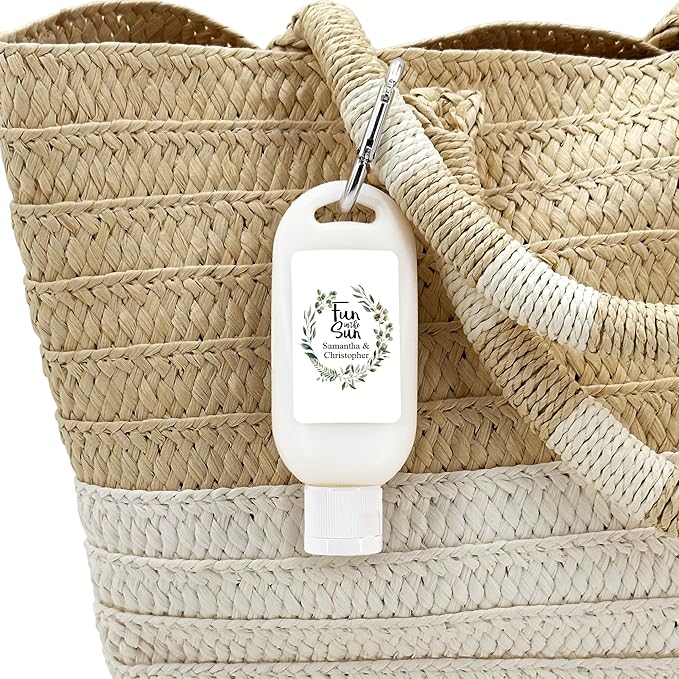 Personalized Sunscreen with Carabiner SPF 30 Custom Sunscreen for Wedding Favors Garden Wedding Botanical Wedding Bridal Shower Favors Bachelorette Gift (Set of 12)