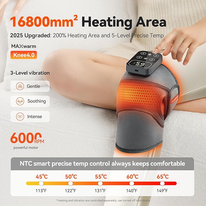 Cordless Knee Massager with Heat Vibration for Pain Relief MAXwarm 4.0[2026 Upgraded] - Electric Heated Knee Brace with 5 Heat Levels and 3 Massage Mode Gifts for Men Women (Grey Single)