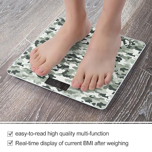 White Camouflage Scale for Body Weight Anti-Slip Tempered Glass Digital Bathroom Scales Clear LCD Display Weighing Scale Safe Rounded Corners Smart Scales