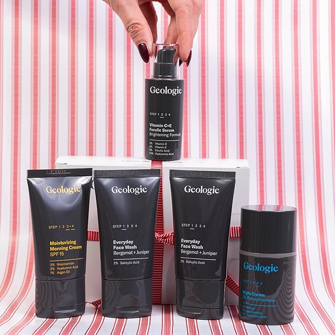 Geologie Skincare Gift Set | 5-Piece Kit Includes 2 Face Washes SPF15 Moisturizer Retinol Cream &amp Vitamin C Serum | Daily Routine for Clear Healthy Skin for Men and Women | Lasts 3 Months