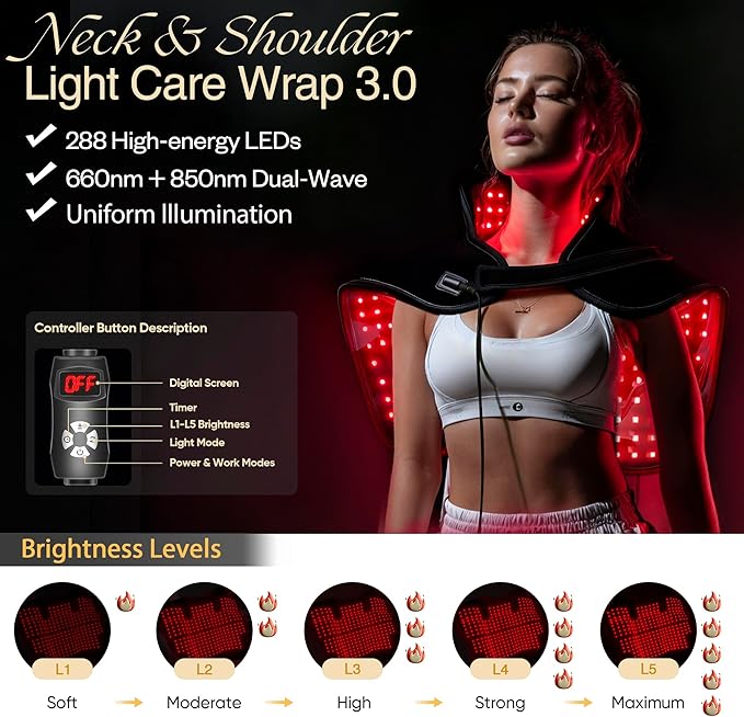 Wearable Red Light Therapy Wrap 3.0 for Neck and Shoulder – 660nm and 850nm LED Infrared Heating Pad with 288 LEDs Deep Warming Muscle Comfort Adjustable Timing Relaxing Neck Device for Home Use