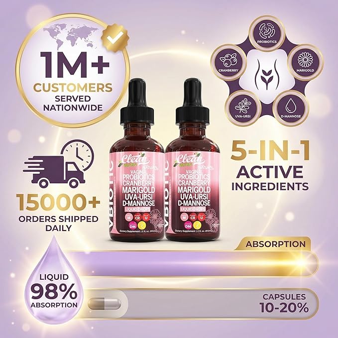 VBiotic Vaginal Probiotic for Women Liquid Drops | Womens Probiotics | Cranberry Uva Ursi Horsetail D-Mannose Prebiotics Marigold &amp Black Cohosh Vaginal Health Supplement | pH Balance | By Clean N