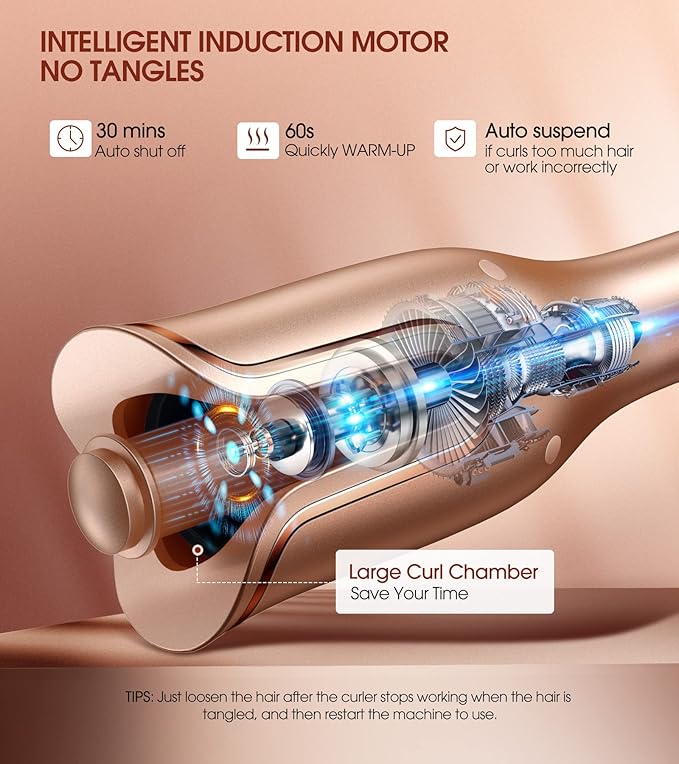 Automatic Curling Iron Auto Hair Curler with 1 Curling Wand Large Slot &amp 4 Temperature &amp 3 Timer Dual Voltage Anti-Tangle Rotating Curling Iron with Auto Shut-Off for Hair Styling Champagn