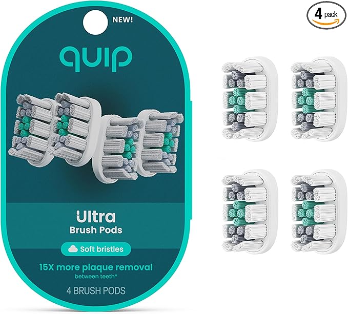 quip Ultra Brush Pod Refill Heads - 4 Pack - Verified quip Brush Head Refills for Sonic Electric Toothbrushes - Soft Bristles Compact - Last 3 Months Each - White
