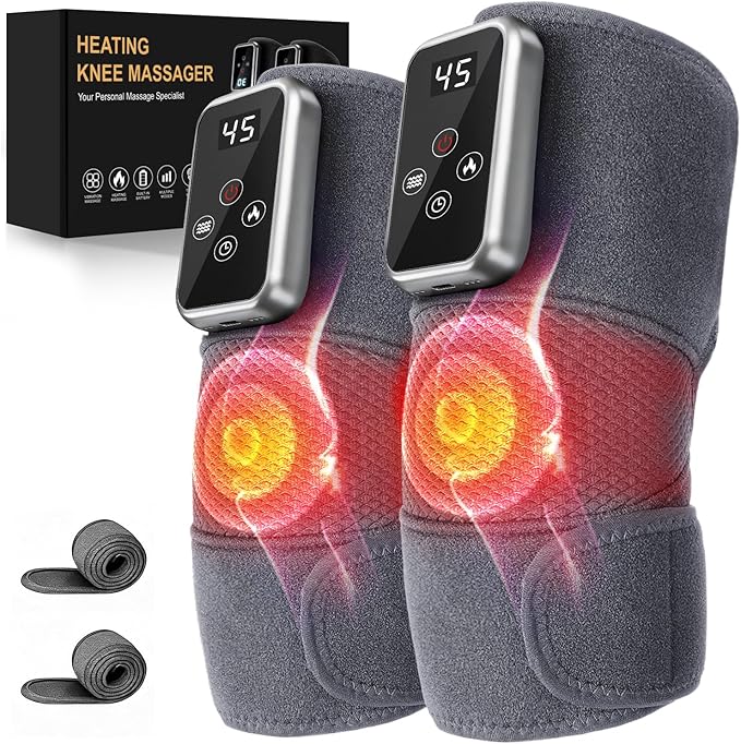 Knee Massager Cordless with Heat for Pain Relief Electric Heated Knee Brace - Knee Heating Pad with 6 Heat Levels &amp 9 Vibration Warm Gifts for Men Women Dad Mom (Grey Pair)