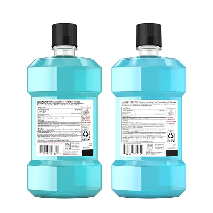 Listerine Cool Mint Antiseptic Mouthwash to Kill 99% of Bad Breath Germs and Gum Therapy Mouthwash in Glacier Mint to Help Reverse Signs of Early Gingivitis Convenience Pack 2 x 1 L