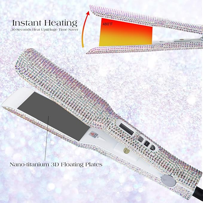 DORISILK Crystal Diamond Titanium Hair Straightener 2 Inch Rhinestone Flat Iron Dual Voltage Straightening Irons Instant Heat-up 480°F Quick Styling LCD Display Gorgeous Rhinestone (AB Shine)
