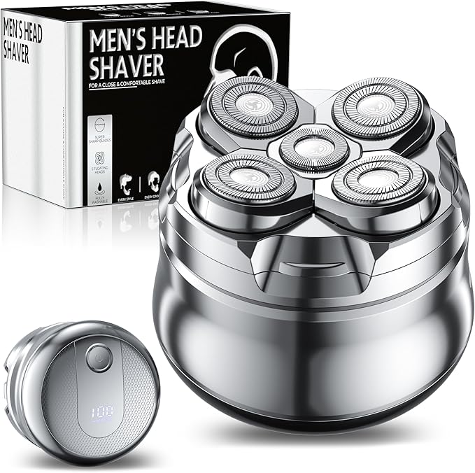 Electric Head Shavers for Bald Men - Rechargeable Waterproof Cordless Rotary Head Silver Battery Powered Men's Grooming Minimalist Style Black