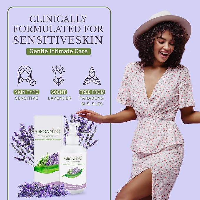 Organyc - Feminine Intimate Wash for Sensitive Skin - Free from Chlorine Parabens SLSSLES and Synthetic Perfumes - 8.5 Fl Oz with Chamomile +Tea-Tree + Lavender