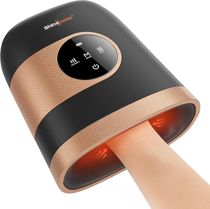SHINE WELL Hand Massager for Arthritis and Carpal Tunnel Hand Massager with Heat and Compression3 Modes 3 Intensities 2 Heat Levels Finger Massager Device for Men Women