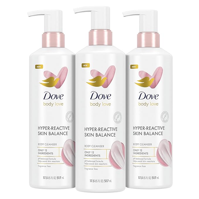 Dove Body Love Body Cleanser Reaction-Prone Skin 3 Count Hyper-Reactive Skin Balance for Ultra-Sensitive Fragrance Free Body Wash with Only 12 Ingredients 17.5 oz