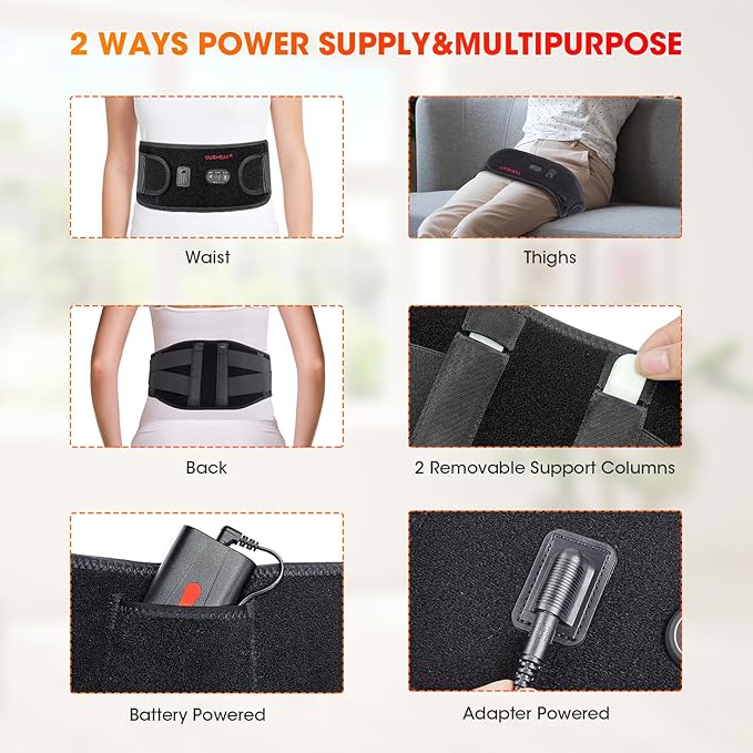 CUEHEAT Heated Waist Belt Cordless Back and Belly Heating Massage Electric Rechargeable Battery Powered