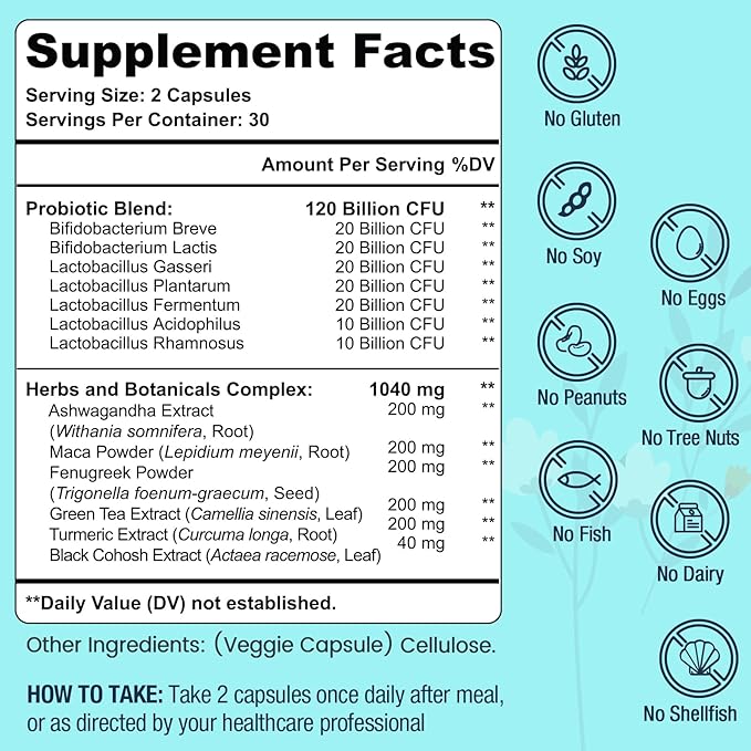 120 Billion CFU Probiotic - Menopause Support Probiotics for Women Natural Menopause Probiotic Supplement for Hot Flashes Night Sweats Mood Swings Hormone Balance Gut &amp Immune Health- 120 Caps