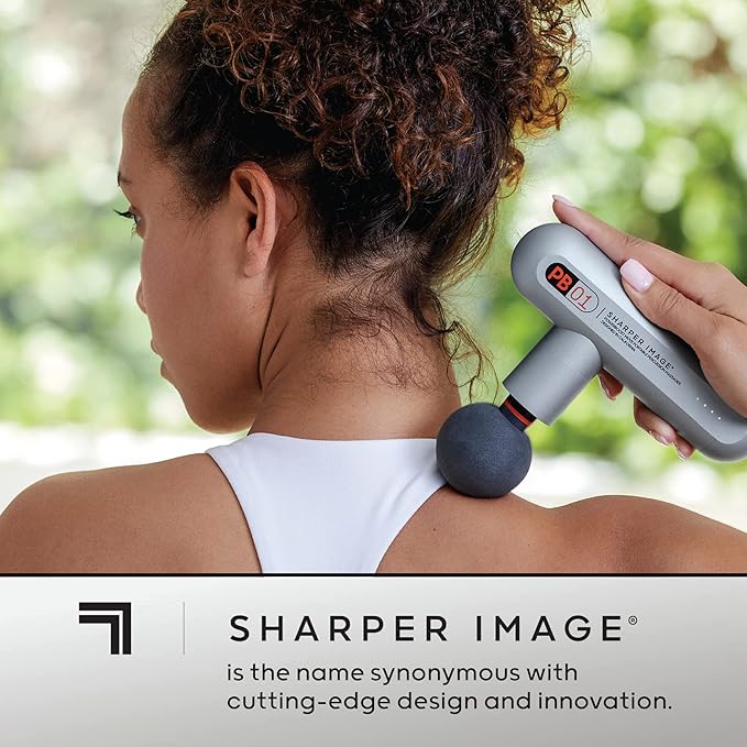 Sharper Image Powerboost Move - Mini Percussion Massage Gun| 4 Attachments 4 Speeds FSA Eligible| Full Body Back &amp Shoulder Massager| Deep Tissue Muscle Recovery| Portable Pain Relief Massage To