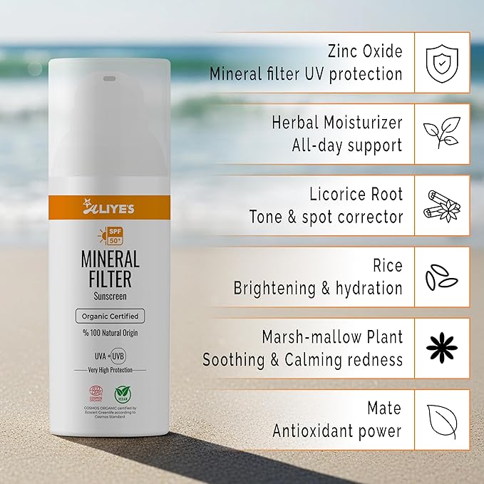 Aliye’s Organic Sunscreen SPF 50+ | Ecocert Cosmos Certified | 100% Mineral &amp Vegan Sun Protection | Safe for Sensitive Skin | 50ml (White)