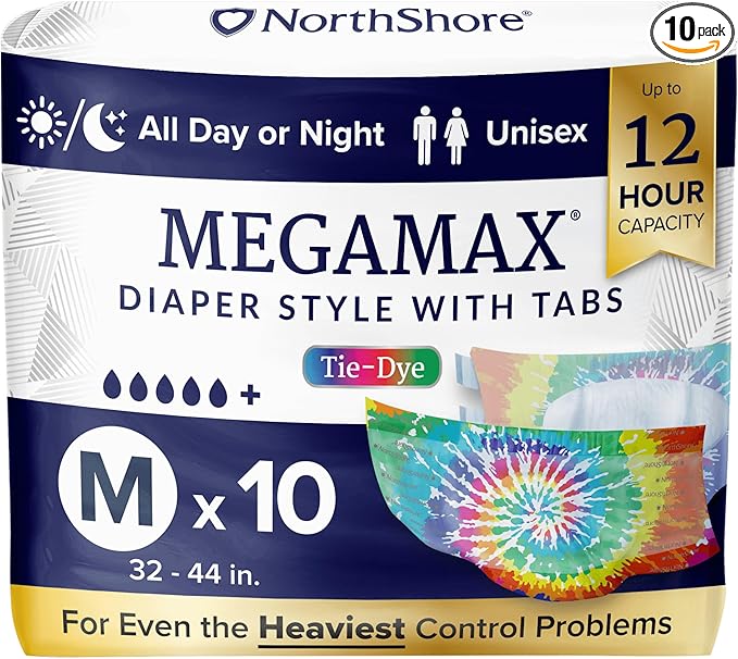 NorthShore MegaMax 12-Hour HBL Adult Diapers for Heavy Bladder Leaks Medium 10 Count Tie-Dye 32-44 inches Tab-Style Incontinence Underwear for Men Women &amp Teens