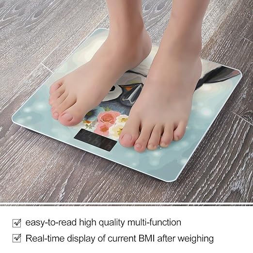 Penguin Wearing Flowers Scale for Body Weight Anti-Slip Digital Bathroom Scale Sturdy Toughened Glass Weighing Scales High Precision Safe Rounded Corners Smart Scales