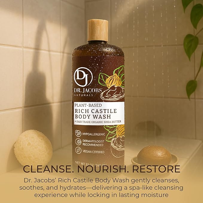 Dr. Jacobs Naturals Pure Castile Soap Liquid Body Wash Shea Butter - Plant Based Soap Infused with Vitamin E and Aloe Vera to Moisturize Dry and Sensitive Skin - Made in the USA - 32 oz Pack of 2