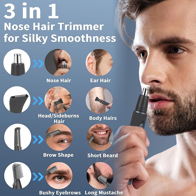 Nose Hair Trimmer for Men and Women Painless 3 in 1 Men's Ear and Nose Hair Trimmers 2025 USB-C Rechargeable Facial &amp Body Detail Hair Trimmer Clipper with High Speed and Dual-Edge Blades