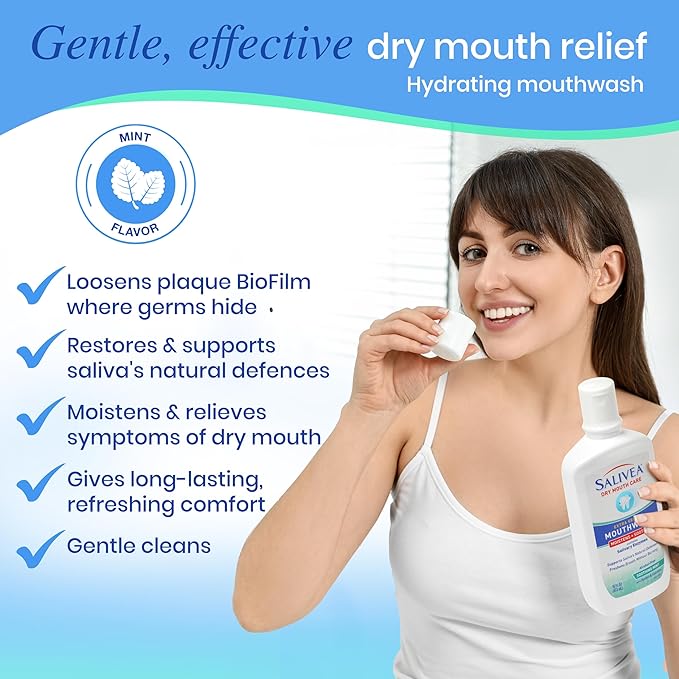 SALIVEA Dry Mouth Mouthwash - Soothing Mint Mouthwash with Natural Salivary Enzymes - Breath Freshener &amp Dry Mouth Care - Mint Flavor (2 Pack)