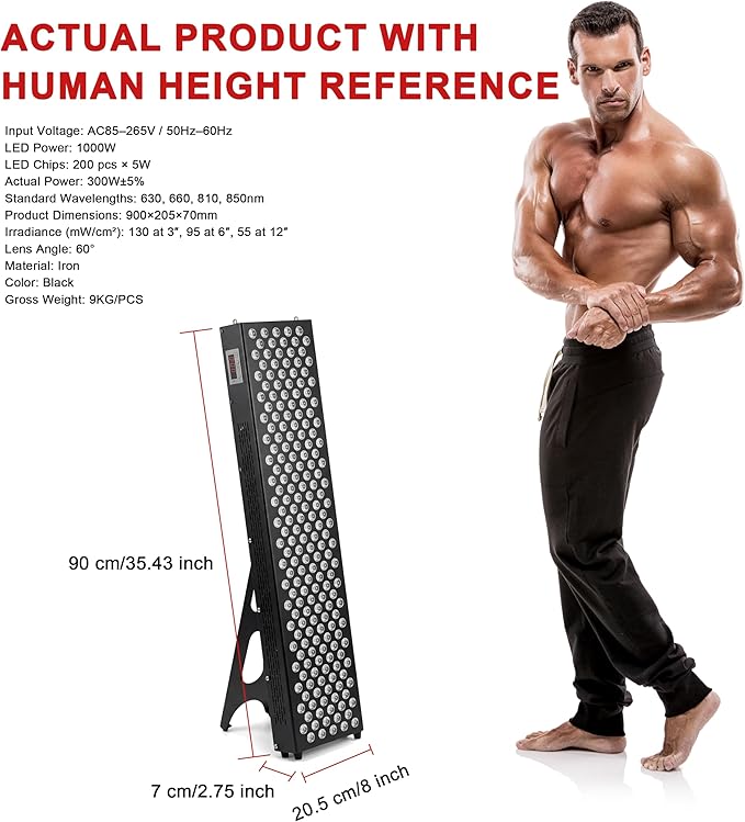 Elitzia 1000W Red Light Personal Tower Device Red &amp Near-Infrared 650nm &amp 850nm for Full Body Face Standing Salon SPA Home Use Pain Relief Skin Rejuvenation Muscle Recovery &amp Skin Vitality