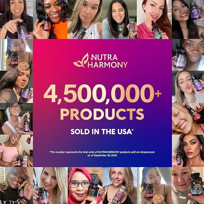 NUTRAHARMONY Biotin | Collagen | Hyaluronic Acid | Keratin - Support Normal Hair Growth Cycle - Skin &amp Nails - 25000mcg Vitamins B1 B2 B3 B6 &amp B7 - for Women &amp Men - Made in USA | 60 Ca