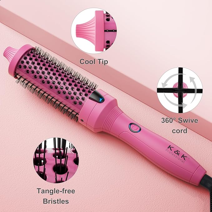 K&ampK Thermal Brush 1.5 Inch Ionic Heated Round Brush Professional Heated Ceramic Tourmaline Coating Curling Iron Hot Styling Volumizing Tool Dual Voltage Pink