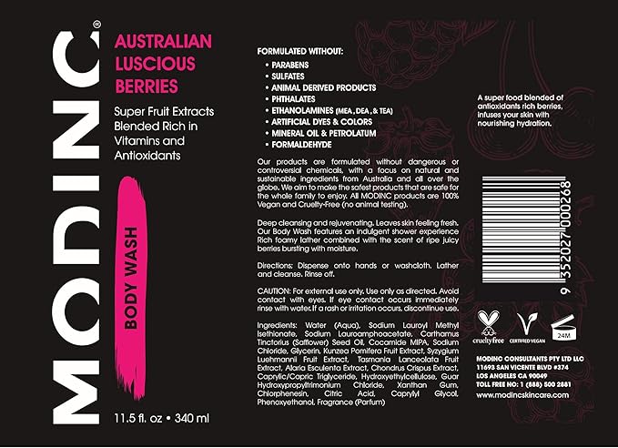 Modinc Luxury Body Wash Australian Luscious Berries Formula Hydration Blend Vegan Cruelty Free Pump 11.5 Ounces