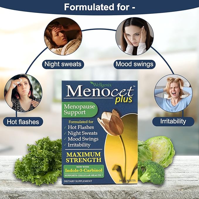 Wellgenix Menocet Plus Menopause Support - Natural Supplement for Women - Daily Relief Feminine Care - Helps with Hot Flashes Night Sweats Mood Swings &amp Irritability - 30 Tablets