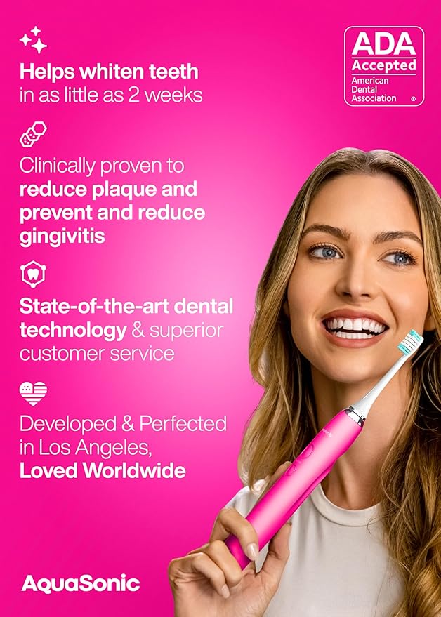 Aquasonic Vibe Series Ultra-Whitening Toothbrush – ADA Accepted Electric Toothbrush - 8 Brush Heads &amp Travel Case – 40000 VPM Motor &amp Wireless Charging - 4 Modes w Smart Timer – Electric Pink
