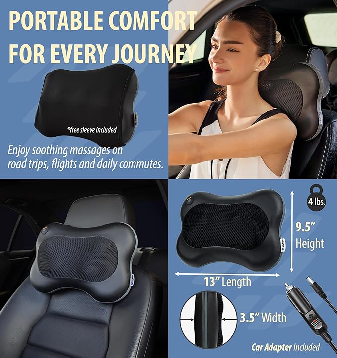 Zyllion Shiatsu Back and Neck Massager with Heat - 3D Electric Kneading Deep Tissue Massage Pillow for Muscle Pain Relief Black ZMA-13
