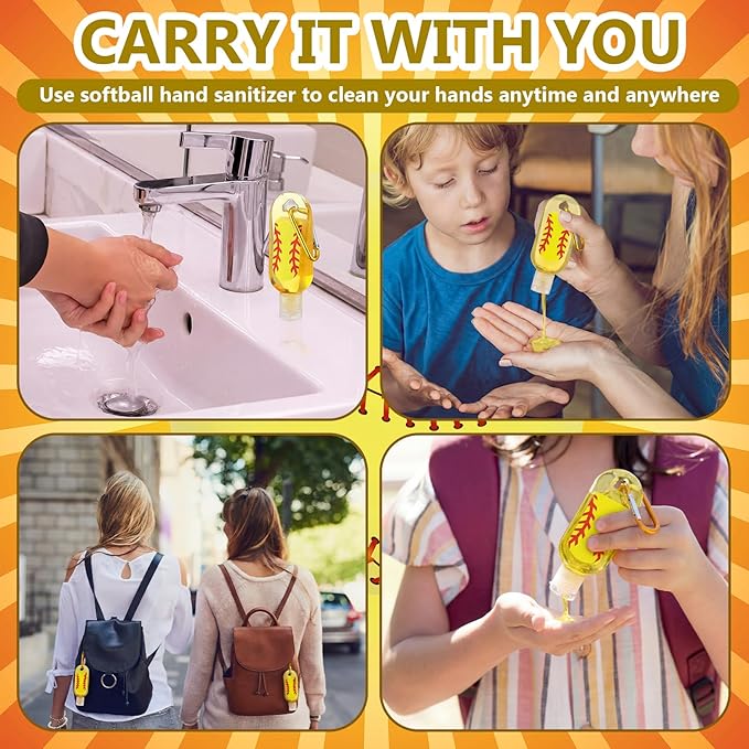 Kigeli 24 Pack Hand Sanitizers Keychain Bulk Gift Mini Travel Size Hand Sanitizer Gel Keychain Bulk Sports Team Gift Birthday Party Favors(Softball)