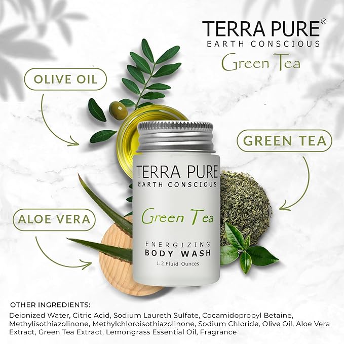 Terra Pure Green Tea Body Wash 1.2 oz. In Jam Jar With Organic Honey And Aloe Vera (Case of 300)