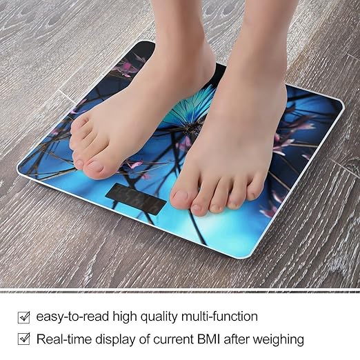 Blue Butterfly and Bamboo Bathroom Scale Rounded Smart Scale for Body Weight Automatic Power On/Off Weight Scales Accurate Bathroom Digital Scales for Pet Home Bedroom Kitchen