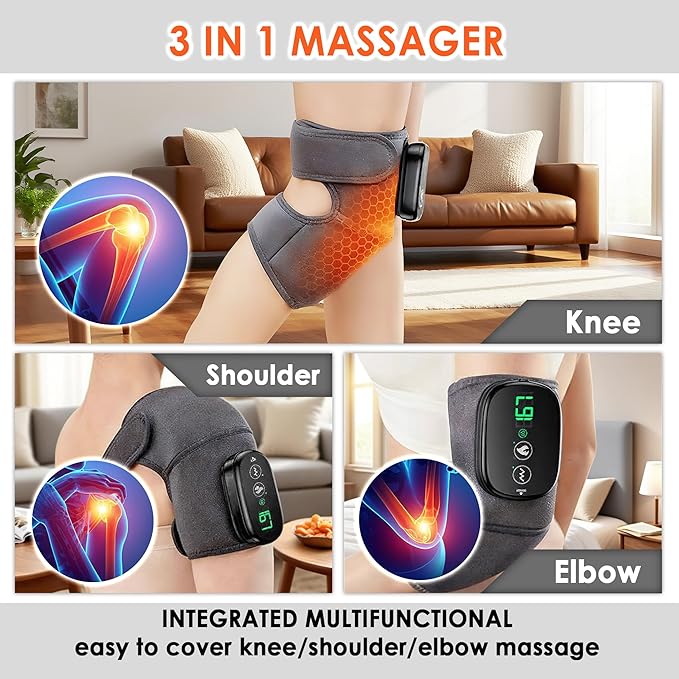 Cordless Knee Massager with Heat and Vibration 3-in-1 Heating Pad for Knee Shoulder and Elbow 5000mAh Battery Portable Touchscreen Control for Pain Relief
