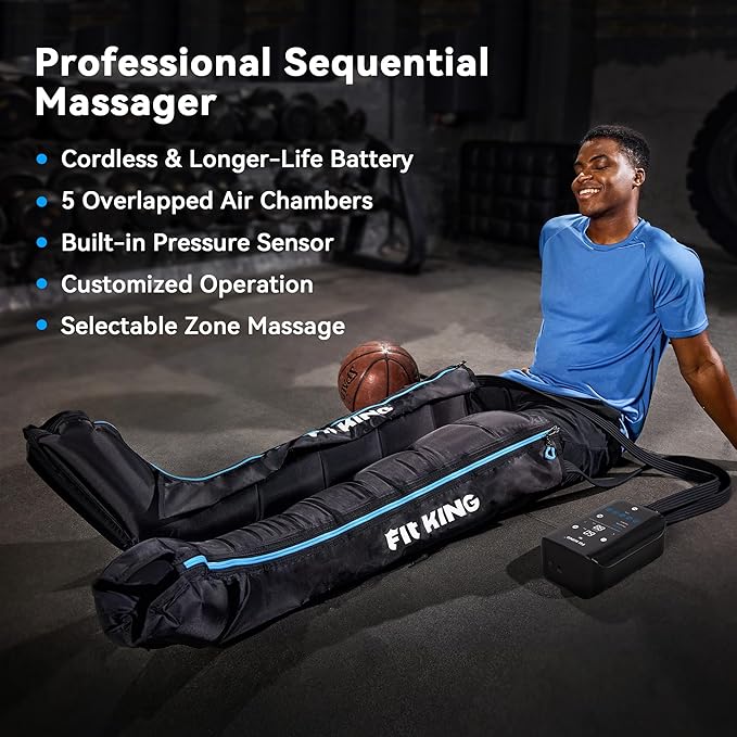 FIT KING Cordless Recovery System Professional Air Compression Massager Reduces Muscle Pain and Improves Circulation Warm-up and Fast Recovery for Athletes Customized Zone Massage Optional (Large)