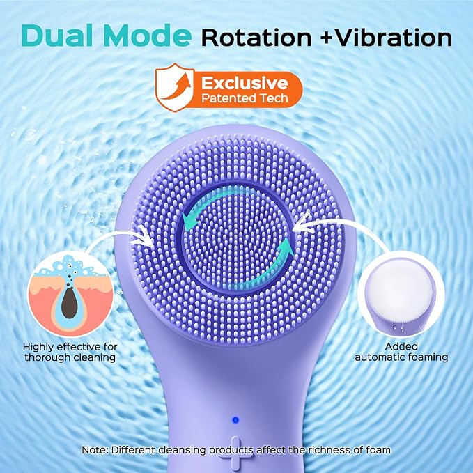 COSLUS FBS03 Face Scrubber Facial Cleansing Brush: 2 in 1 Spin and Vibration Patented Silicone Electric Exfoliator Scrubber with Automatic Foaming Waterproof Face Cleanser Brush for Men and Women