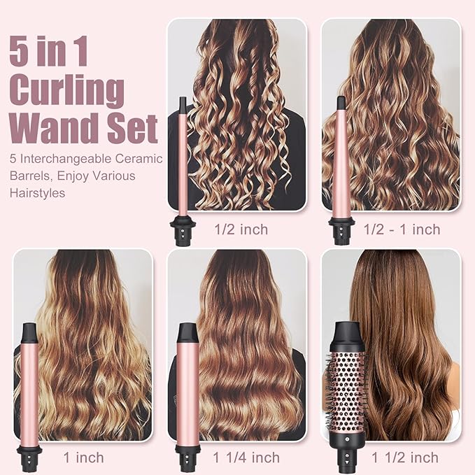 5 in 1 Curling Wand Set - SIQUER Curling Iron Set 1/2 to 1 1/4 Inch Beach Waves Wands 1 1/2 Inch Thermal Brush Fast Heating Up Hair Curlers for Women with Protective Gloves Clamps (Rose Black)