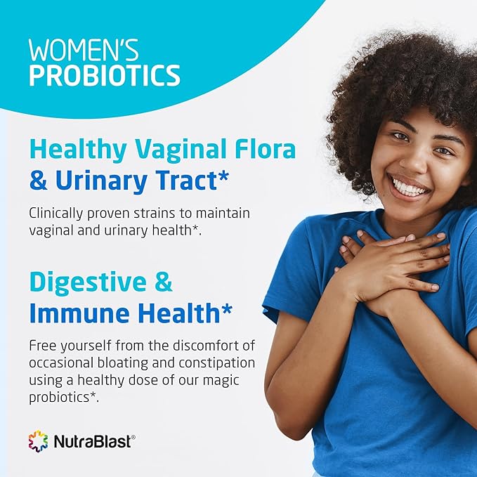NutraBlast Vaginal Probiotics for Women Digestive Intimate Balance UT &amp Vaginal Health - 50 Billion CFU - 6 Strains Prebiotics Cranberry Extract &amp D Mannose - Womens Probiotic (30 Count)