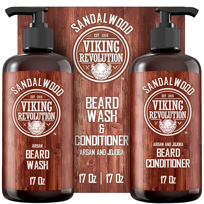 Viking Revolution Beard Wash &amp Beard Conditioner Set with Argan &amp Jojoba Oils - Softens and Strengthens - Natural Sandalwood Scent - Beard Shampoo with Beard Oil (17 oz)