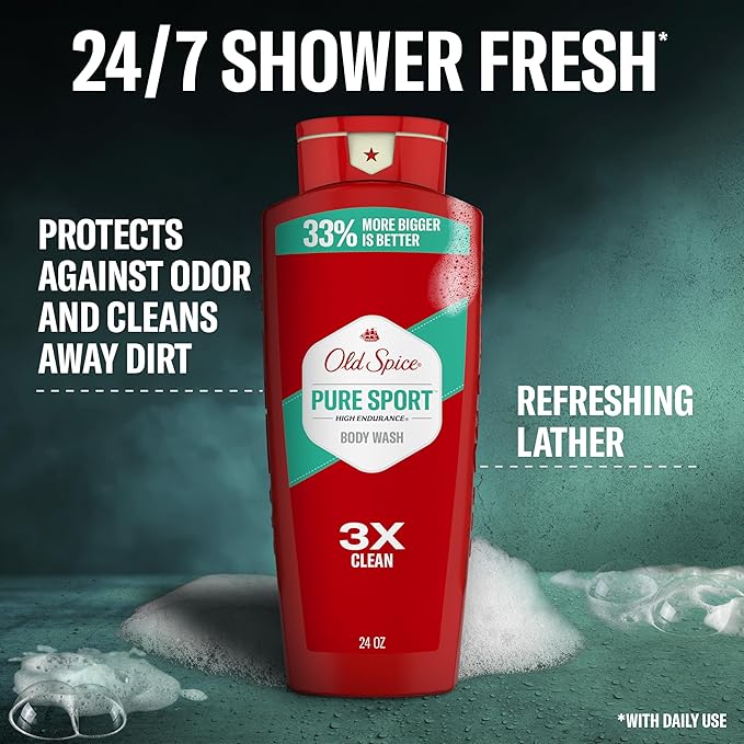 Old Spice Refreshing Body Wash for Men High Endurance 3X Defense 24/7 Shower Fresh with Long Lasting Scent Pure Sport Scent 24 oz (Pack of 4)
