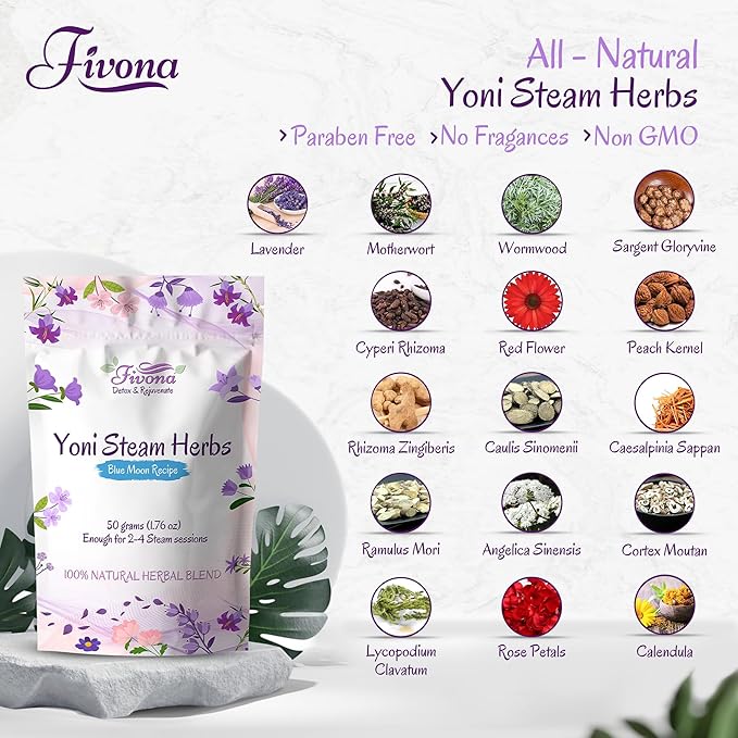Fivona 3-in-1 Yoni Steam Kit - Bundle of V Steaming Herbs Blue Moon Recipe 1.76 Ounces (2-4 Steams) with Expandable V-Steam Seat and Hand Flusher for Detox Cleansing pH Balance and Odor Control