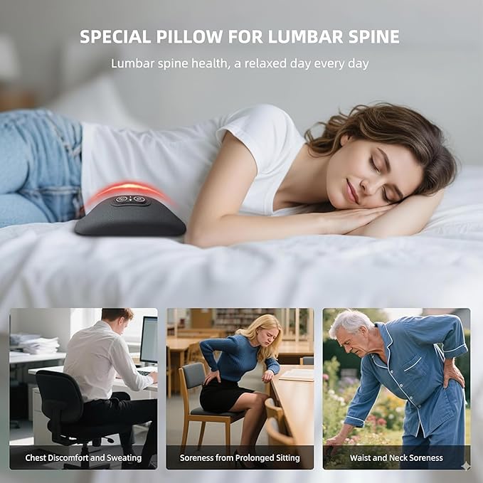 3-in-1 Upgraded Electric Lumbar Support Pillow Suitable for Chairs Beds and Travel. Heated Back Massager for Deep Tissue Massage to Relieve Pain