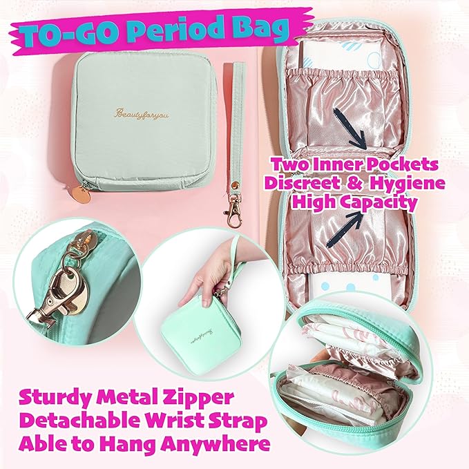 First Period kit for Girls | 22 PC Period Packs for Young Girls First Time | First Period Gift for Teen Girls with Sanitary Pad Storage Bag Wipes Bracelet Eye Mask Socks and More(Mint)