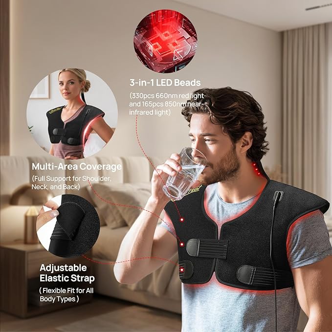Red Light Therapy Pad for Neck Shoulder Back Pain Relief Infrared Light Therapy Heating Warp for Upper Back 165LEDs 3-in-1 Chip660nm&amp850nm(Black)