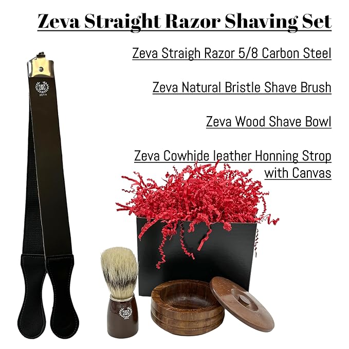 Men Straight Razor Gift Set Classic Gift 5/8 Carbon Steel hollow ground blade with leather honing strop whet and Drip Stand Gold (Brown)