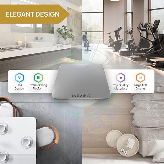 INEVIFIT Smart Bathroom Scale Highly Accurate Bluetooth Digital Bathroom Body Weight Scale Precisely Measures Weight &amp BMI for Unlimited Users (S-Silver)
