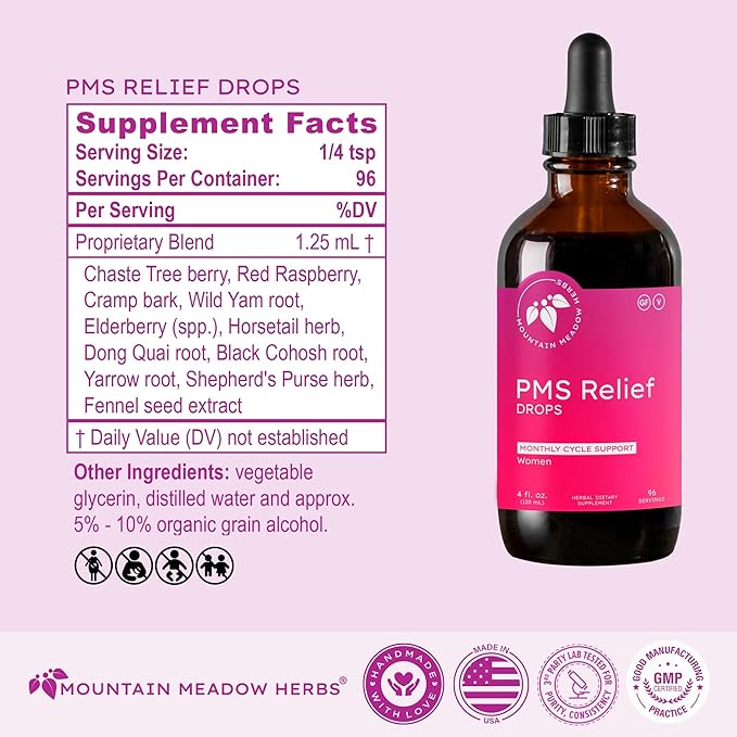 Mountain Meadow Herbs PMS Relief Drops | Liquid Herbal Supplement for Menstrual Period Discomfort | Hormonal Support for PMS Cramps Mood Swings &amp Acne with Chaste Tree Berry (Vitex) &amp Wild Ya