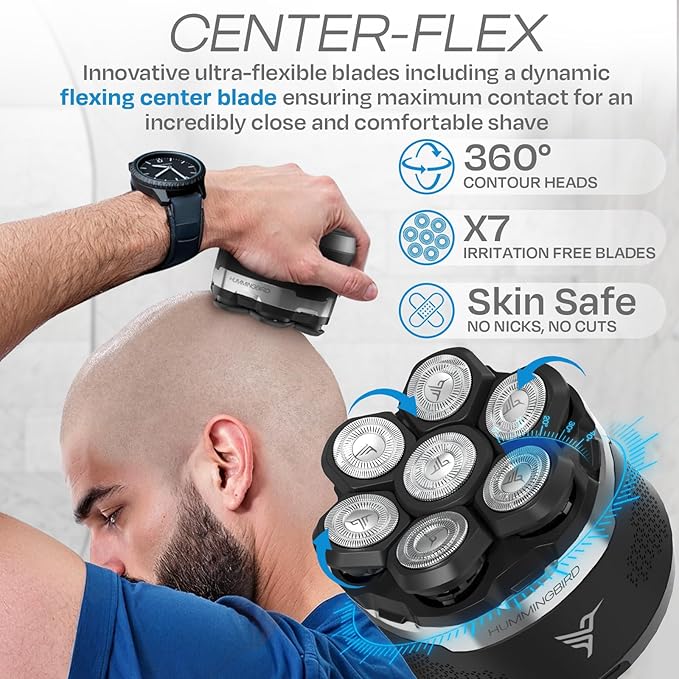 HUMMINGBIRD MK13 Premium Head Shaver - 7 Blade Electric Razors for Men Cordless USB-C Rechargeable Waterproof Head Shaver with Two Additional Magnetic Replacement Blades